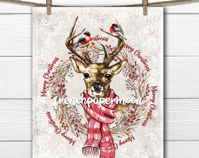 Reindeer Print, Watercolor Reindeer, Chikadee, Wreath, Deer Transfer, Woodland Christmas Graphic, Instant Download, Xmas Crafts