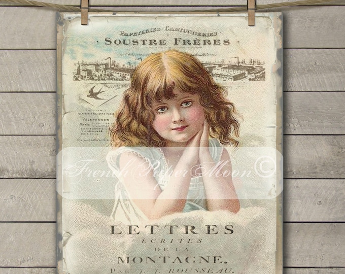 Digital Shabby Chic Victorian Girl, French Typography, French Pillow Transfer Graphic Transfer Image, Large Digital Download