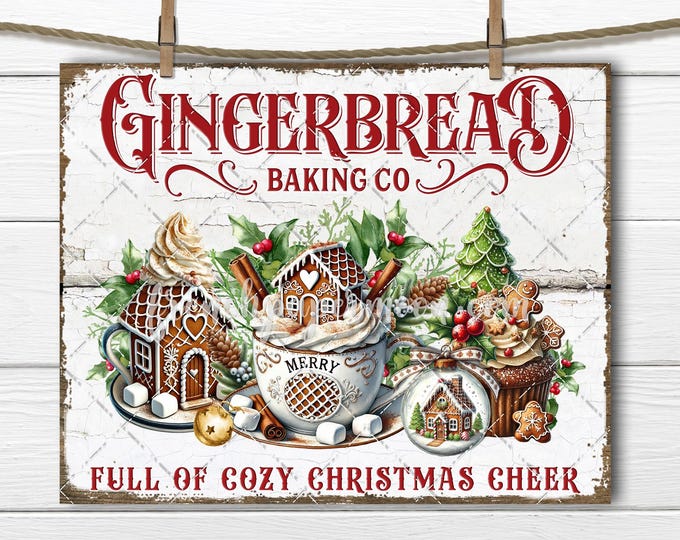 Gingerbread Bakery Christmas Sign, Winter Drink Cupcake Cocoa Holly Festive Xmas Digital Print Fabric Transfer Wreath Accent DIY Sign Making