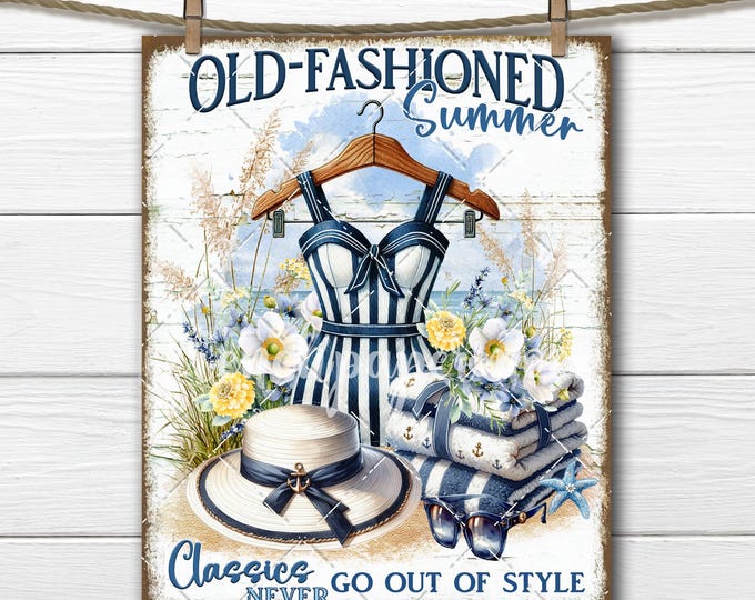 Old Fashioned Retro Summer Digital Print, Nautical Summer, Vintage Swimsuit, Flowers, Beach, Summertime, Image Transfer, Decoupage, Download