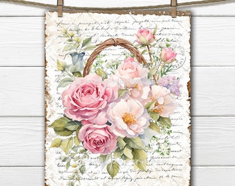 Shabby Chic French Ephemera Digital Rose Wreath Antique Fabric Transfer  Sublimation Scrapbooking Journal Printable Old Fashioned Roses PNG