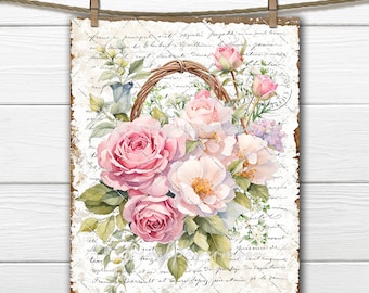 Corona de rosas digital de estilo shabby chic francés, transferencia de tela antigua, sublimación, álbum de recortes, diario, rosas antiguas PNG imprimibles