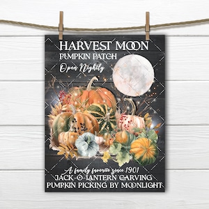 Pumpkin Patch Harvest Moon Rustic Farmhouse Sign Digital Moonlight Autumn Fabric Transfer Wreath Accent U Print Sublimation PNG JPG