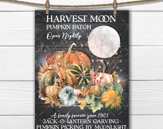 Pumpkin Patch Harvest Moon Rustic Farmhouse Sign Digital Moonlight Autumn Fabric Transfer Wreath Accent U Print Sublimation PNG JPG