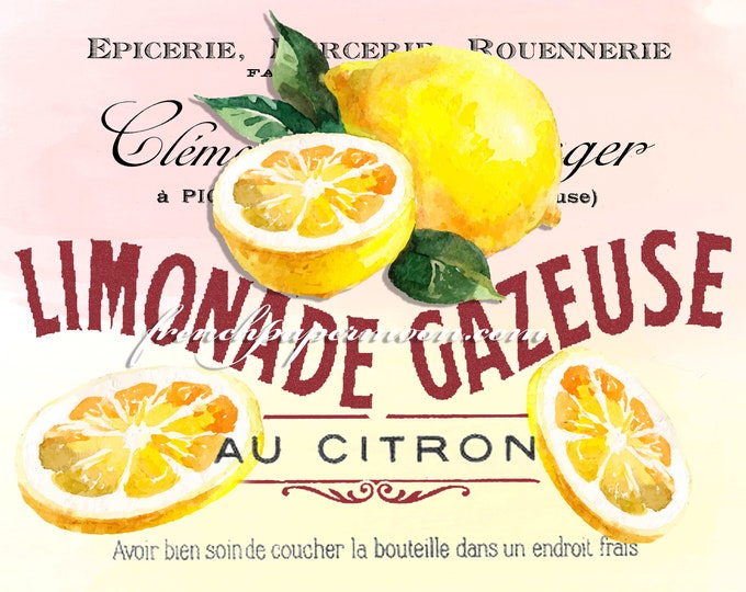 French Lemonade Digital Print, Watercolor Lemons, French Graphics, Large Size Lemonade, Instant Download Graphic Transfer Image