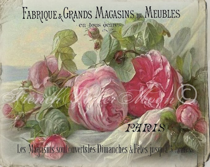 French Shabby Chic Digital Roses, Vintage French Collage Sheet, Vintage French Graphic Roses, French Pillow Rose Digital