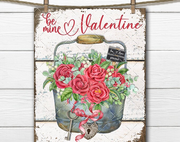 Rustic Valentine Flowers, Farmhouse Red Roses, Lock and Key, Be Mine, Digital Print, Fabric Transfer, Wreath Accent, Tiered Tray Image, PNG