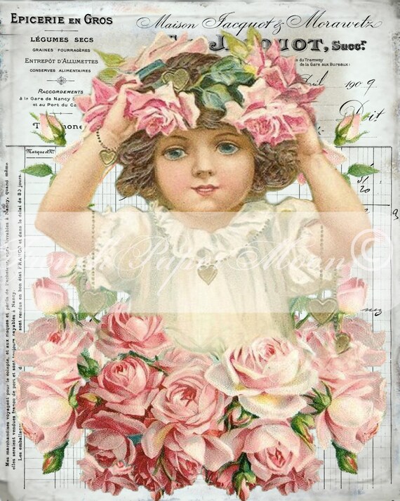 Shabby Digital Victorian Girl With Roses, Vintage Girl