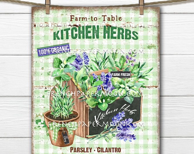 Farmhouse Kitchen Herbs, Herb Wreath Accent Decor Sign, Tiered Tray Herb Sign, Kitchen Herb Wall Art, Digital Print, Image Transfer, PNG