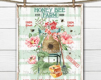 May include: A vintage-style sign with a green and white striped background. The sign reads "Honey Bee Farm Est. 1929" and features a beehive, a chair, flowers, and the text "100% Organic Unfiltered Honey".