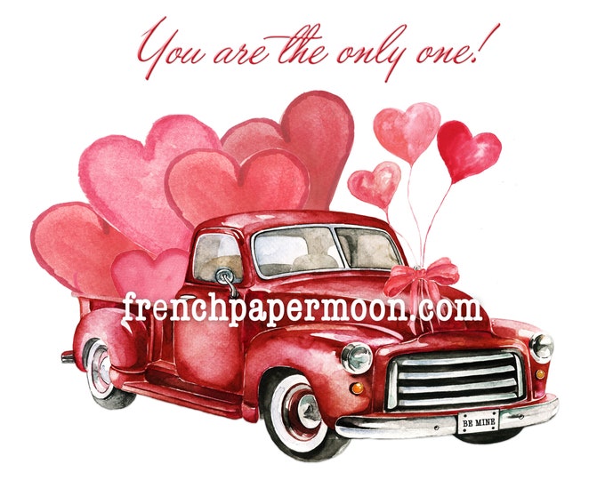 Digital Valentine Truck with Hearts, Hand-Drawn Red  Truck, Valentine Pillow Image, Instant Download Printable Love Transfer Graphic