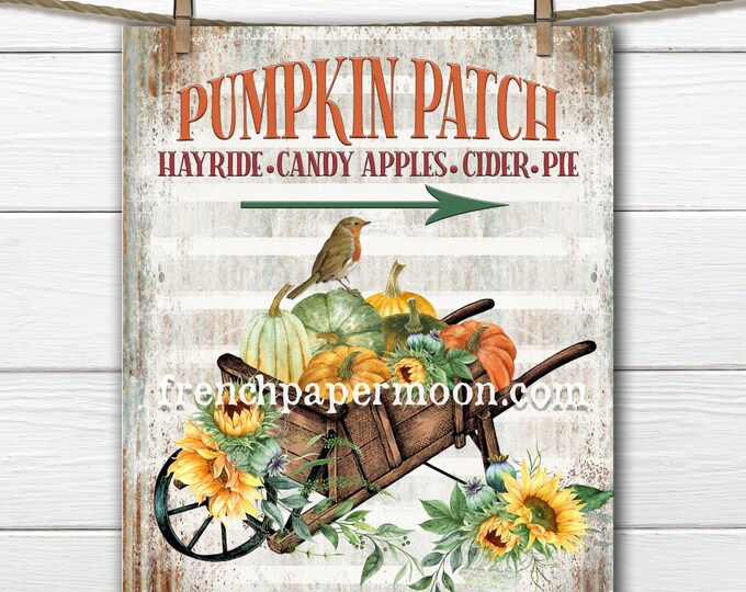 Rustic Wheelbarrow Pumpkin Patch Digital, Fall Harvest, Sunflowers, Pillow Image, Fabric Transfer, Galvanized, Transparent, Fall Print