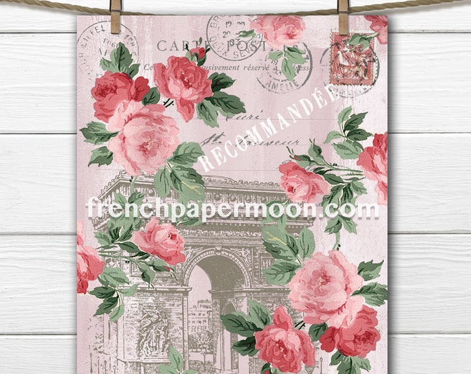 Shabby Pink Paris Printable, Arc de triomphe, Vintage Roses, Paris Ephemera, Wall Art, Craft Supply, Digital Image