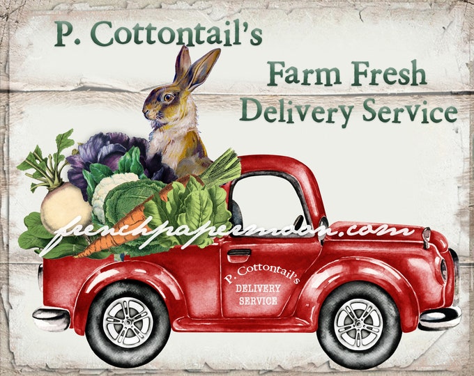 Digital Red Easter Truck Vegetables Rabbit Farm Fresh Printable, Pillow Image, Crafts, Spring, Easter, Home Decor Print PNG JPEG Wood