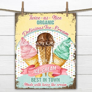 Digitales Eisschild, Retro-Eisdiele, Eistüten, Sommerdessert, Kissenbild, Sublimation, PNG, Holz, Stofftransfer