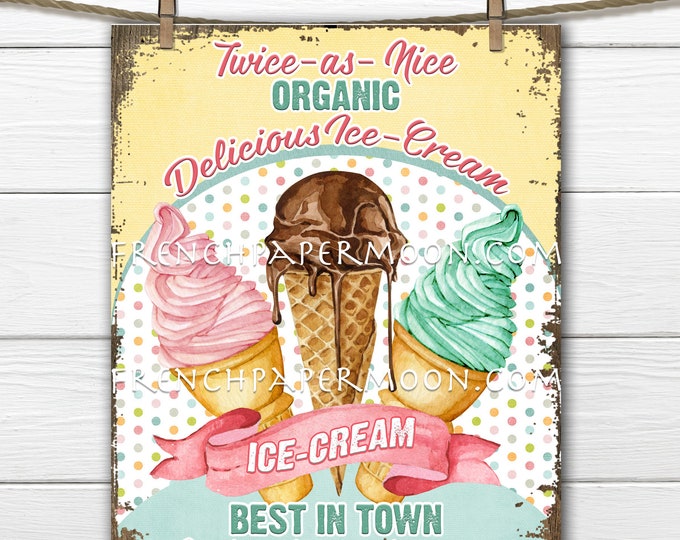 Digital Ice-Cream Sign, Retro Ice-Cream Parlor, Ice-Cream Cones, Summer Dessert, Pillow Image, Sublimation, PNG, Wood, Fabric Transfer