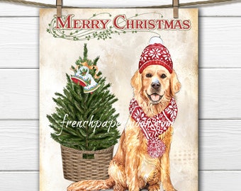 Golden Retriever Christmas Printable, Santa's Helper, Scarf, Snow, Hat, Xmas Pillow Image, Graphic Transfer, Transparent, Fabric Transfer