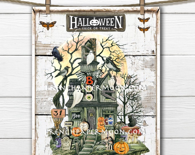 Halloween Spooky House, Digital, Trick or Treat, Haunted House, DIY Halloween Sign, Wreath Accent, Decor Sign, Fabric Transfer, PNG, Wood