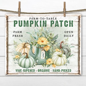 Könnte beinhalten: Ein weißes Holzschild mit dem Text "FARM-TO-TABLE PUMPKIN PATCH" in schwarzen Buchstaben. Das Schild enthält auch den Text "FARM FRESH" und "OPEN DAILY" in schwarzen Buchstaben. Das Schild ist mit einer Aquarell-Illustration von Kürbissen, Kürbissen und Blumen verziert.