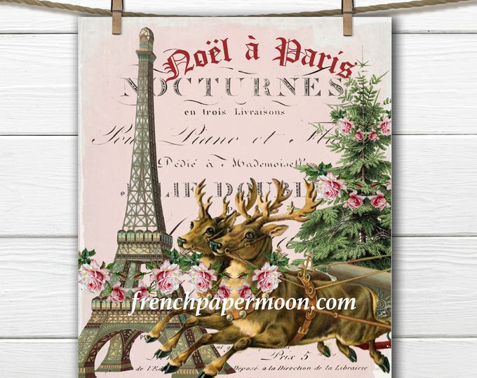 Shabby Pink Christmas reindeer, Christmas in Paris, Christmas Tree Pillow Image, Printable Graphic Transfer Image