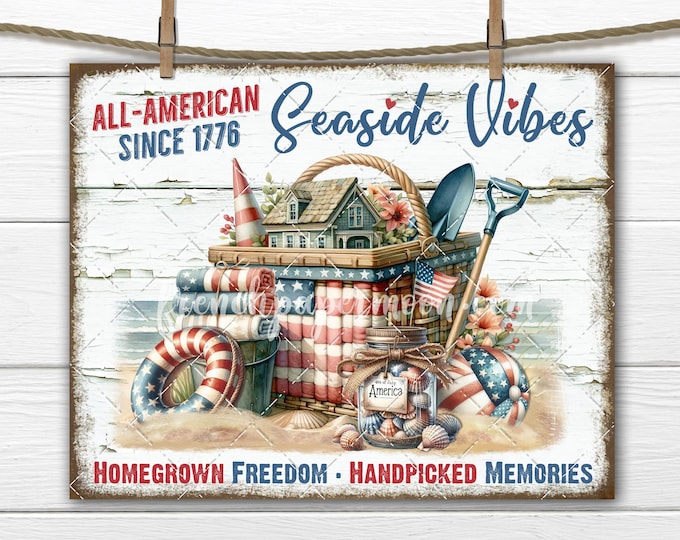 Retro 4th of July Beach PNG Sublimation - Vintage Seaside & Farmhouse Independence Day Print for DIY Signs, Fabric Transfer, Wall Decor