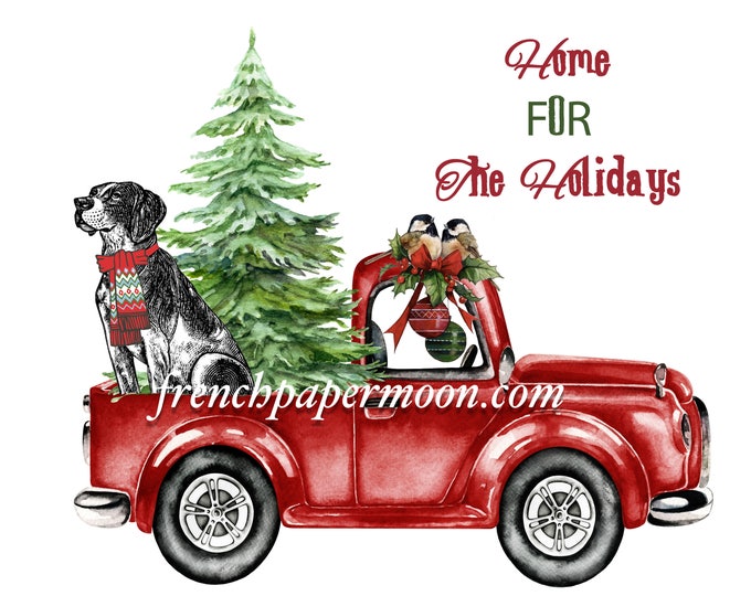 Digital Red Christmas Truck with Dog, Xmas Pickup, White Background, Sublimation, Home Decor, Fabric Transfer, DIY Decor Sign