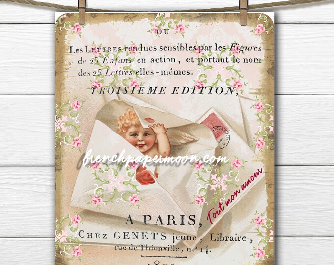 Victorian Valentine Digital Shabby Cherub, Roses, Valentine Letter, French Collage, Valentine Crafts, Large Image,Valentine Pillow Image