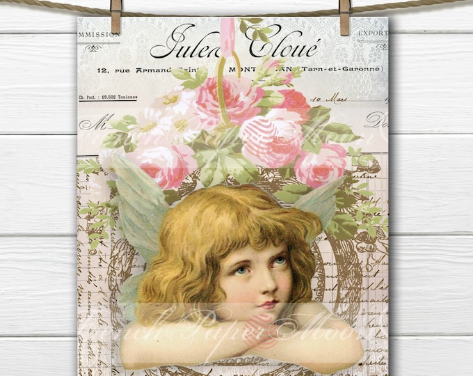 Digital Shabby Chic Angel, Roses, Floral Wreath Angel, Angel with Roses, French Pillow Digital Image Graphic Transfer Download