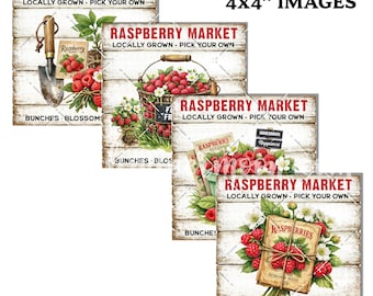 以下が含まれることがあります： 素朴なテーマの10x10cmの画像が4枚。各画像には「Raspberry Market」と「Locally Grown - Pick Your Own」の文字が入っています。画像は、ラズベリー、花、ガーデニングツールを、風化した木材の背景に描いています。