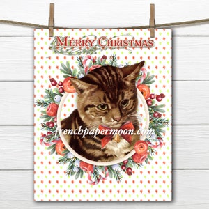 Süßeste Weihnachtskatze Digital, Vintage weihnachtliche Katze, Katze Transfer Grafik, Instant Download, Weihnachtsbasteln, Dekor