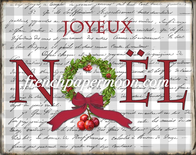 French Plaid Christmas Printable, Noel, Cranberries, Cranberry Wreath, French Xmas Pillow image Graphic Transfer, Crafts, JPEG PNG