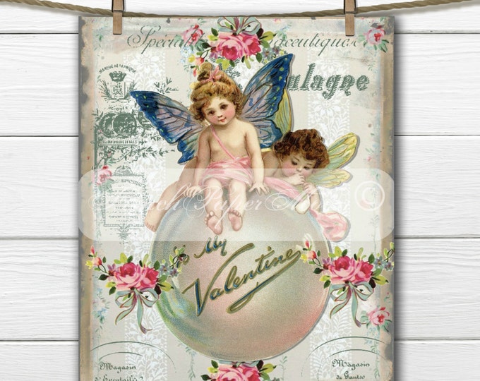 Shabby Victorian Cherubs,  Valentine Fairies, French Typography, Valentine Pillow Image, French Valentine Transfer Graphic Printable