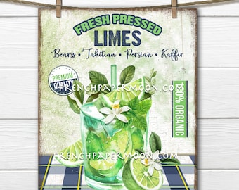 May include: A vintage-style sign advertising fresh pressed limes. The sign features a glass of limeade with mint and lime slices, along with the text "FRESH PRESSED LIMES" and "Bearss Tahitian Persian Kaffir". The sign also includes the text "PREMIUM QUALITY" and "100% ORGANIC".