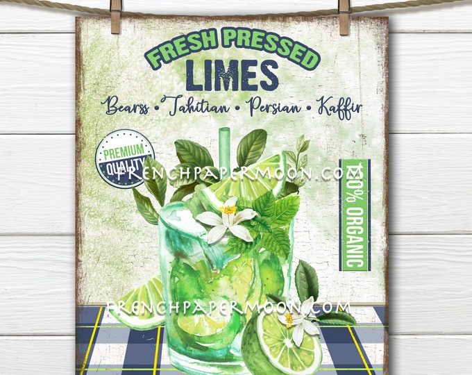 Lime Drink, Farmhouse Kitchen, Summer Drink, Wreath Accent Decor Sign, Tiered Tray Lime Sign, Kitchen Art, Digital Print, Image Transfer