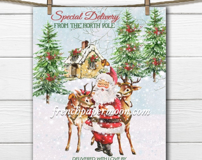 Digital Santa Reindeer, Special Delivery, North Pole, Winter Scene, Christmas Graphic, Image Transfer, Christmas Crafts