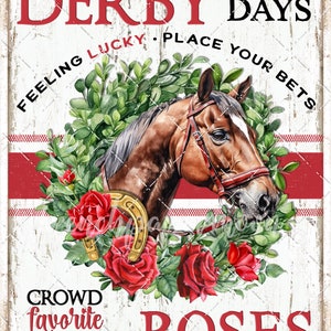 Kentucky Derby Run for the Roses Betting Sign Horse Races Horse Wreath Red Rose DIY Sign Making Fabric Transfer Wreath Accent Digital Print image 3