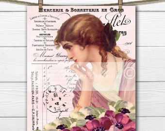 Shabby Digital Victorian Lady with French Graphics, Flowers, French Fabric Transfer Graphic, Instant Download