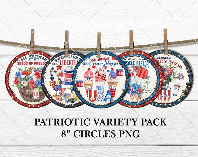 Patriotic Circles Sign Bundle, Door hanger  Sublimation Round Design, PNG, 4th of  July, 8 inch, 5 designs, Wreath accent, Digital download