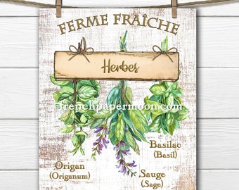 May include: A white wooden sign with the text "FERME FRAICHE" and "Herbes" in gold lettering. The sign features a watercolor illustration of various herbs hanging from it, including basil, oregano, and sage. The text "Basilac (Basil)", "Origan (Origanum)", and "Sauge (Sage)" is written below the herbs.