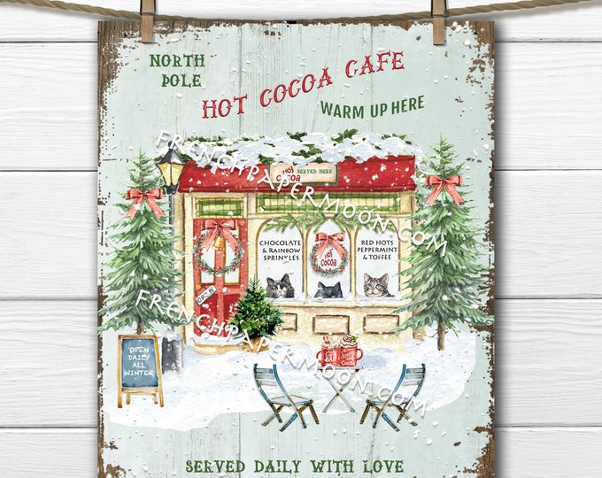 Hot Cocoa Shop, Winter Cafe, Christmas Sign, Snowy Winter Scene, Winter Cats, Cafe Cats, Fabric Transfer, Wreath Decor, DIY Xmas Sign, PNG