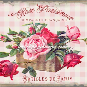 Shabby French Rose Digital, Vintage Rose Basket, Paris Roses, French Pillow Image, Tiered Tray, Wreath Decor, Pink Plaid, Fabric Transfer