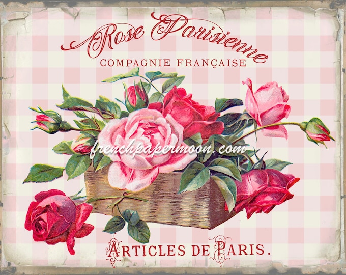 Shabby French Rose Digital, Vintage Rose Basket, Paris Roses, French Pillow Image, Tiered Tray, Wreath Decor, Pink Plaid, Fabric Transfer