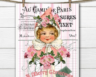 Shabby Pink Christmas Graphic, Pink Roses, Victorian Girl, French Background, Pillow Image, Sublimation, Xmas Crafts, PNG JPEG