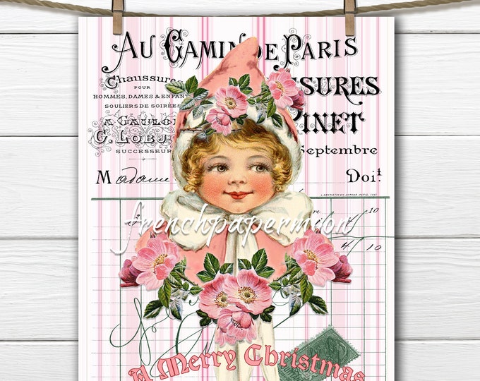 Shabby Pink Christmas Graphic, Pink Roses, Victorian Girl, French Background, Pillow Image, Sublimation, Xmas Crafts, PNG JPEG