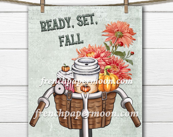 Fall Bicycle Printable, Autumn Bike, Pumpkin Latte, Dahlias, Pumpkins, Cupcake, Pillow Image, Fall Sign, Sublimation JPEG PNG