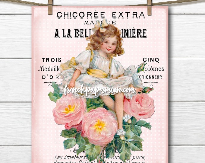 Shabby Victorian Girl, Vintage Girl with Roses, French Pillow Image, Decoupage, Fabric Transfer, Mothers Day Graphic, Transparent