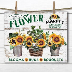May include: A white wooden sign with the text "Fall Flower Market" in green and black lettering. The sign features three arrangements of sunflowers, eucalyptus, and other flowers in buckets and a basket. The text "Blooms Buds Bouquets" is at the bottom of the sign.