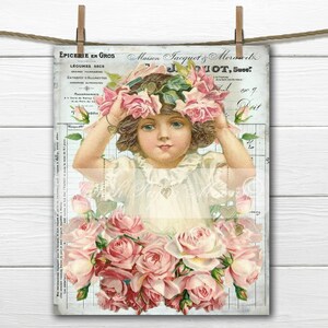 Shabby Digital Victorian Girl with Roses, Vintage Girl, FrenchGraphic Transfer Image, Digital Pillow Graphic, Decoupage