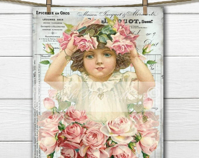 Shabby Digital Victorian Girl with Roses, Vintage Girl, FrenchGraphic Transfer Image, Digital Pillow Graphic, Decoupage