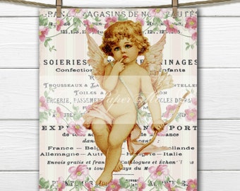 Shabby Angel, Digital Victorian Valentine, Cherub, Vintage Flowers, French Pillow Graphic Transfer Image